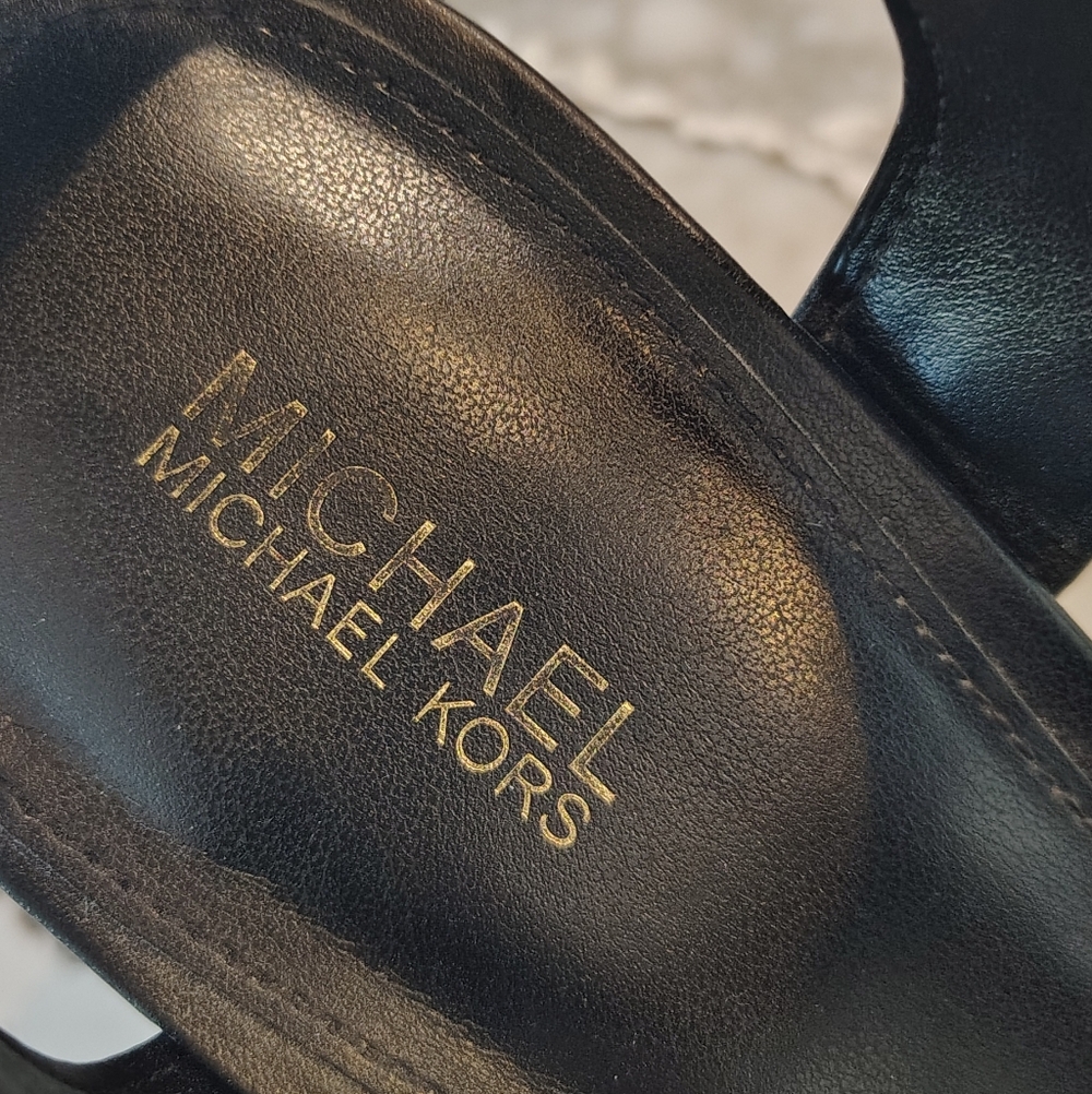 Michael Kors Black Leather Zip-Front Platform Sandals - Picture 3 of 8